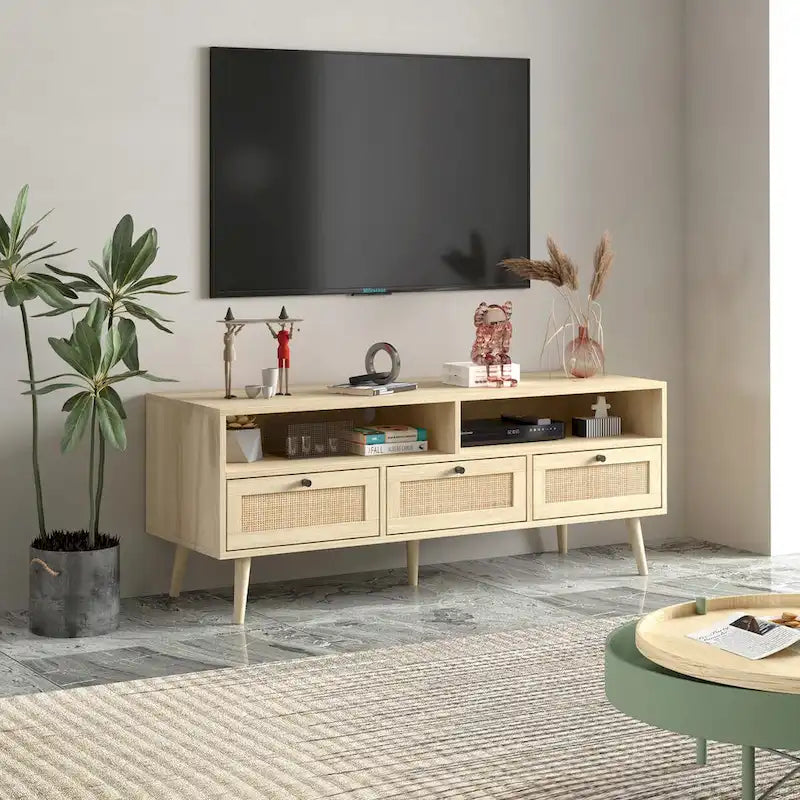 Meuble TV en rotin avec pieds en bois massif