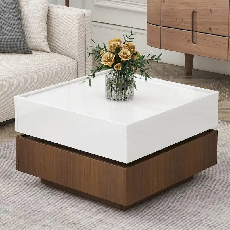 Table basse pivotante à 360° avec 2 tiroirs de rangement