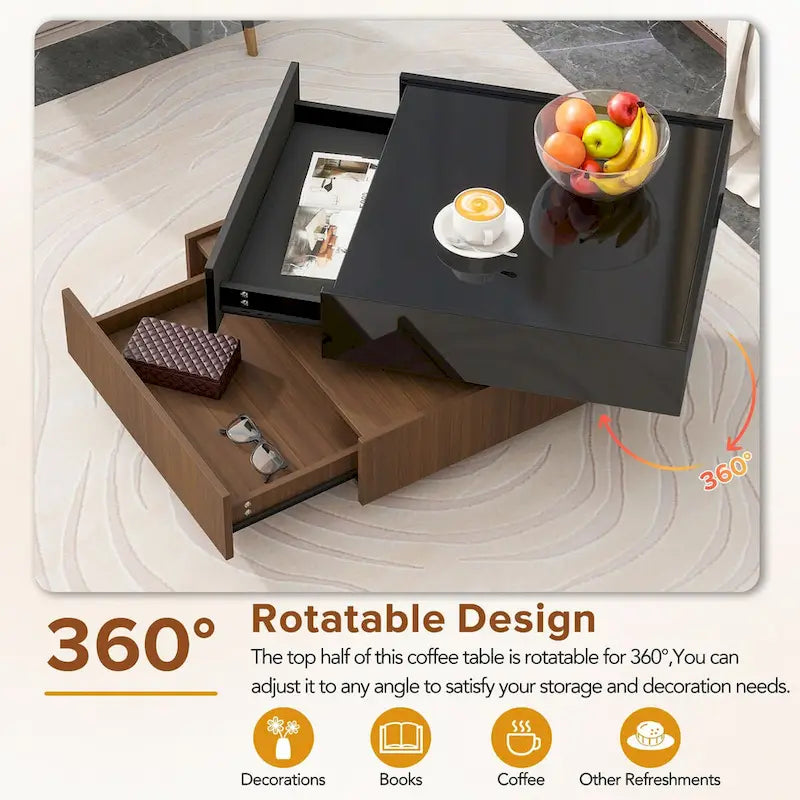 Table basse pivotante à 360° avec 2 tiroirs de rangement