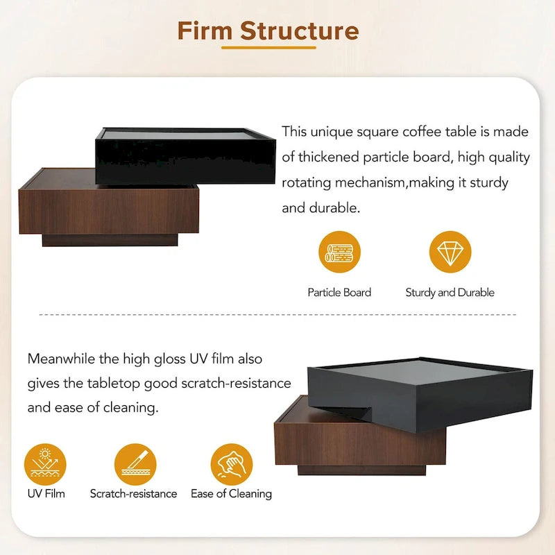 Table basse pivotante à 360° avec 2 tiroirs de rangement