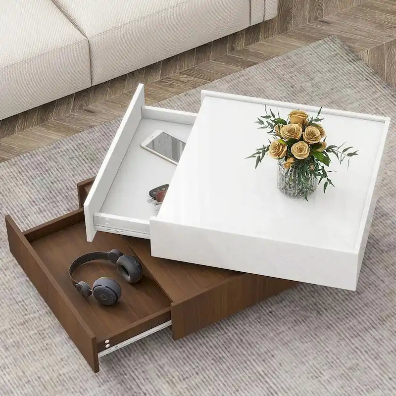 Table basse pivotante à 360° avec 2 tiroirs de rangement