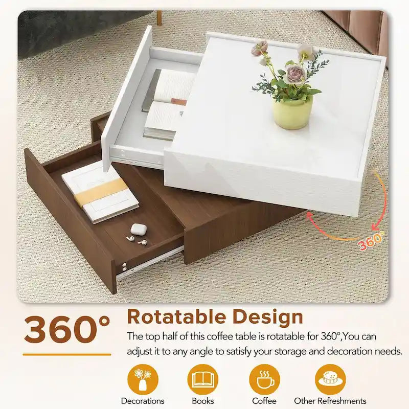 Table basse pivotante à 360° avec 2 tiroirs de rangement