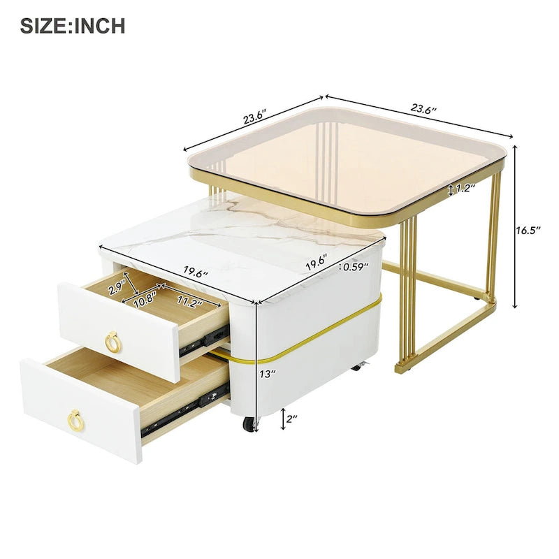 Ensemble de tables basses gigognes carrées 2-en-1 avec roulettes