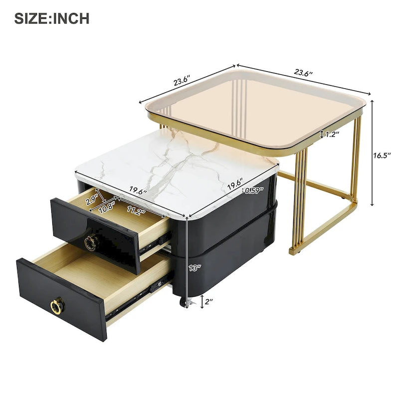 Ensemble de tables basses gigognes carrées 2-en-1 avec roulettes