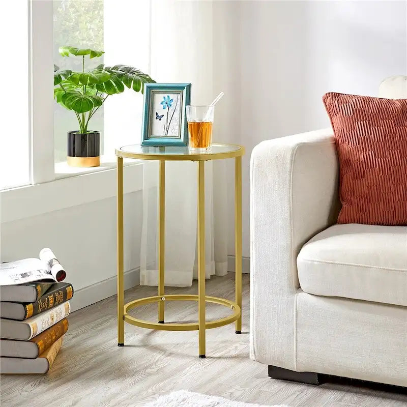 Table d'appoint ronde avec piètement en métal et plateau en verre