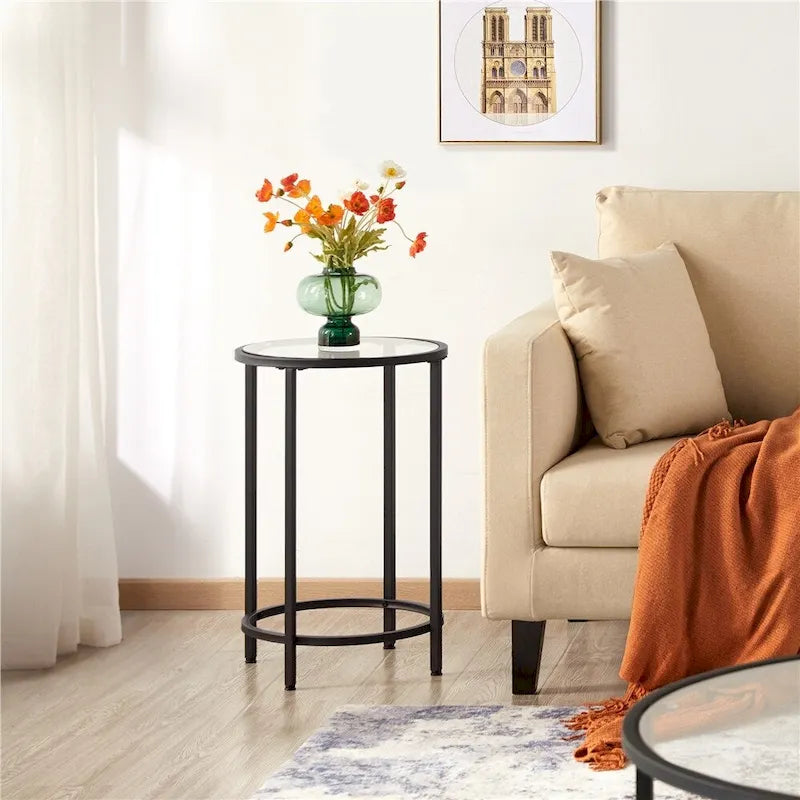 Table d'appoint ronde avec piètement en métal et plateau en verre