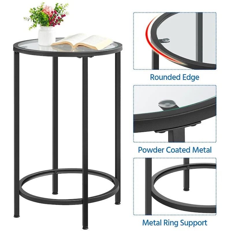 Table d'appoint ronde avec piètement en métal et plateau en verre