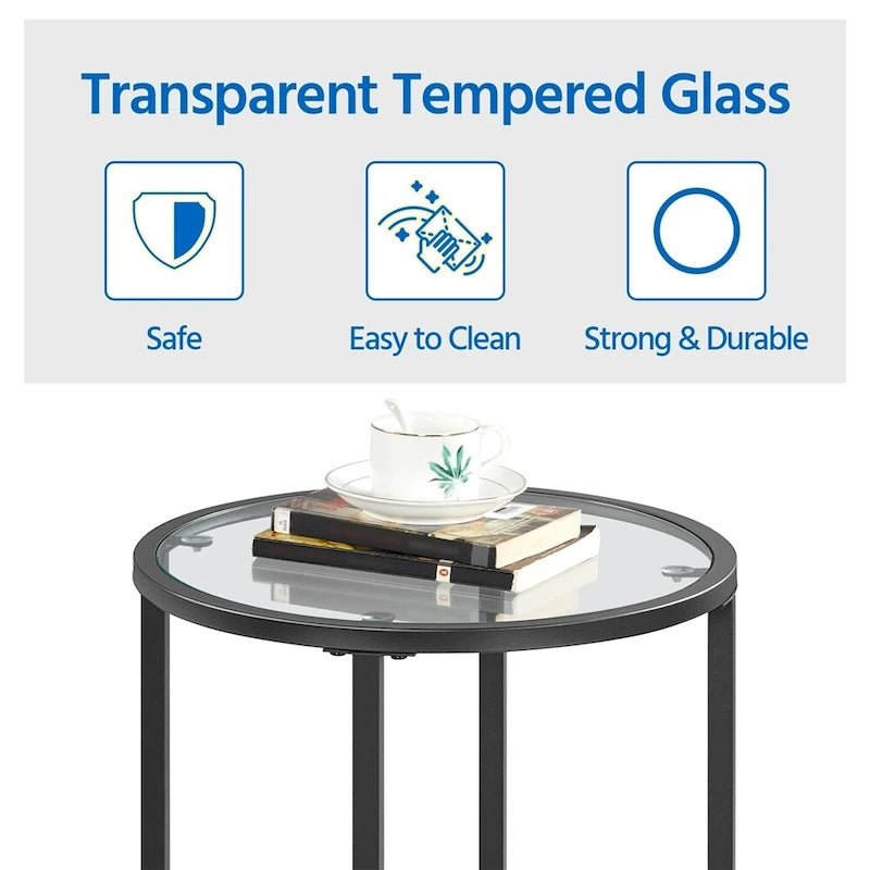 Table d'appoint ronde avec piètement en métal et plateau en verre