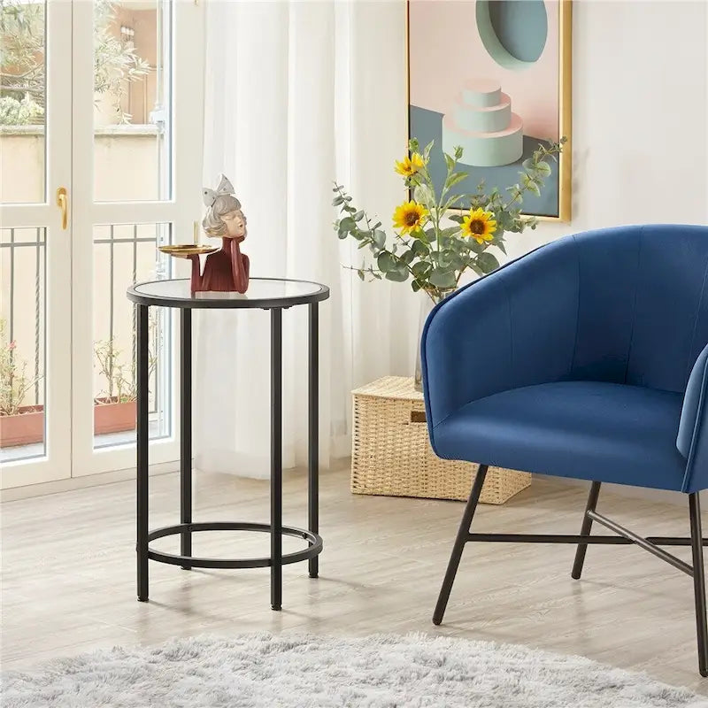 Table d'appoint ronde avec piètement en métal et plateau en verre