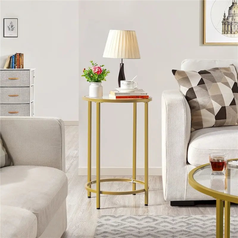Table d'appoint ronde avec piètement en métal et plateau en verre